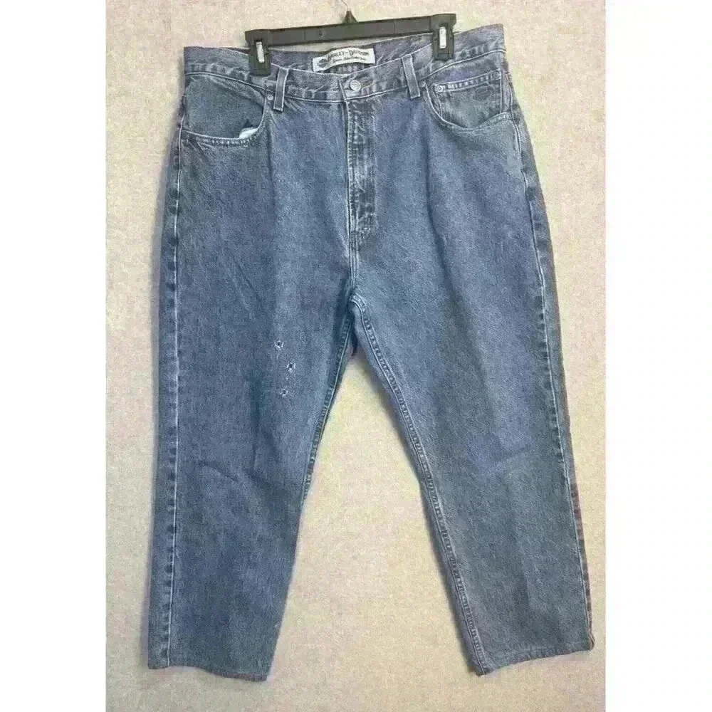 VTG Harley-Davidson Distressed Denim Medium Wash Boot Cut Jeans 38 X 28 Baggy‎